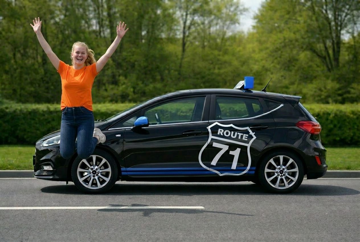 Geslaagde leerling van Rijschool Route 71 in Leiden springt een gat in de lucht na het behalen van het rijbewijs